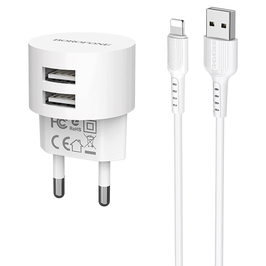 Сетевое зарядное устройство BOROFONE BA23A Brilliant 2xUSB с Кабелем USB - Lightning, 2.4A, 10.8W, белый