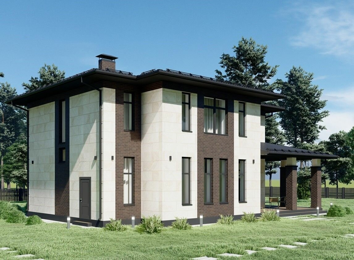 Проект двухэтажного дома с облицовкой камнем в стиле Райт S-221