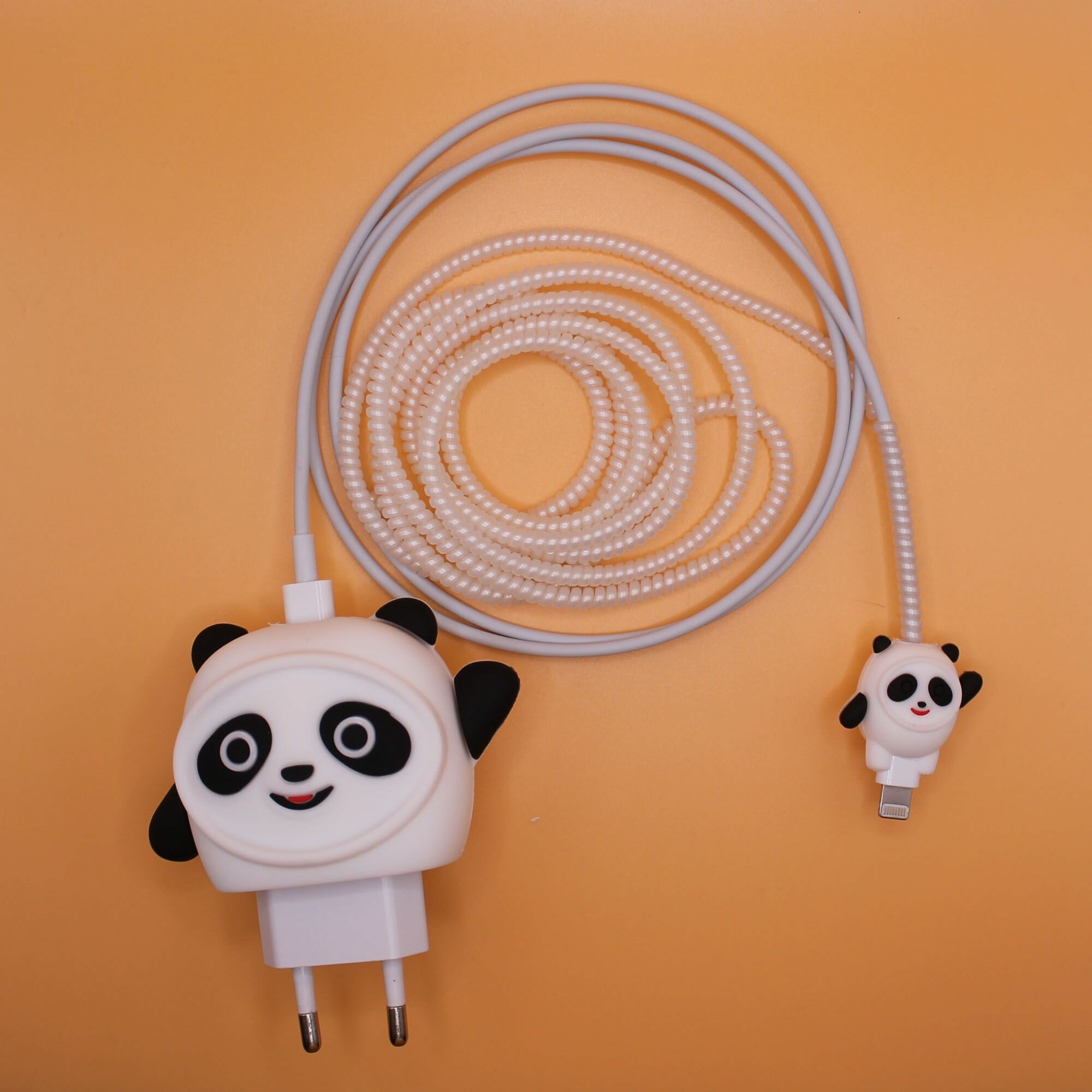 Комплект с обмоткой-спиралью для кабеля и защитный чехол для зарядки / защита кабеля от излома / Панда (белый перламутровый)