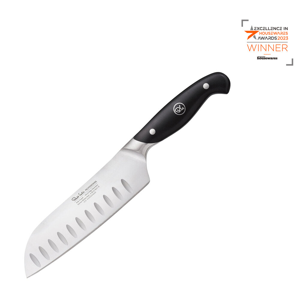 Нож кухонный сантоку Robert Welch Professional из кованой высокоуглеродистой нержавеющей стали, 17 см, рукоять композит, черный, RWPSA2069V