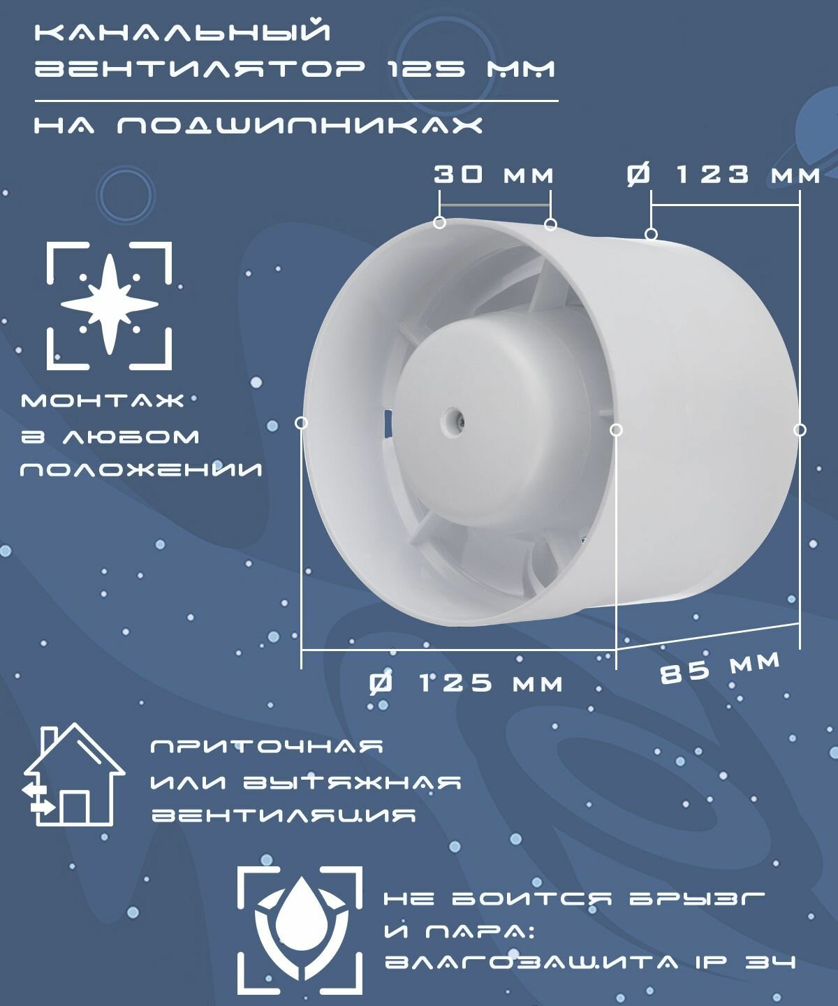 Осевой канальный вентилятор повышенной мощности диаметр 125 мм на шарикоподшипниках