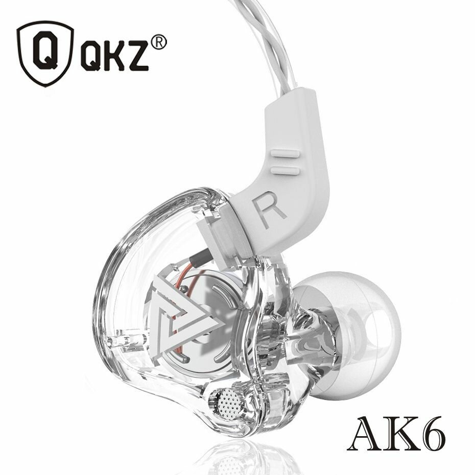 HiFi наушники QKZ AK6 спортивные проводные с микрофоном для телефона вакуумные мощные басы цвет белый