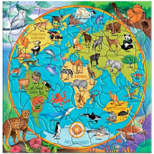 Фигурный детский пазл на подложке Карта мира. Животные, головоломка из 80 уникальных деталей