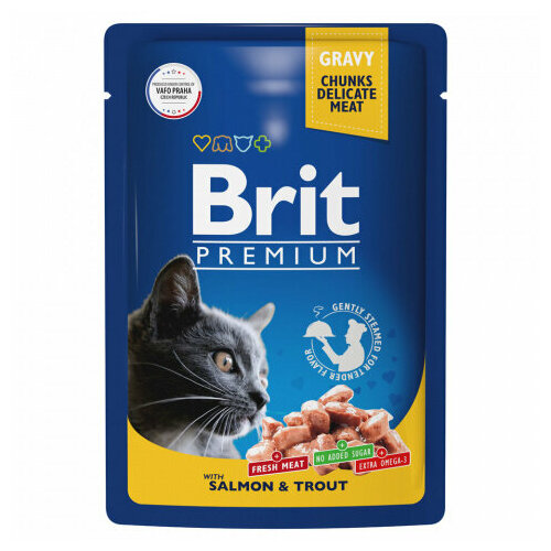 Brit Premium пауч для взрослых кошек лосось и форель, 85 г, 10 шт влажный корм для кошек brit fish dreams с тунцом с кальмаром 80 г кусочки в соусе