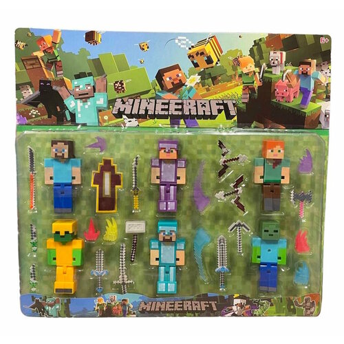 Набор Фигурок Майнкрафт 6 шт. + аксессуары Minecraft. Стив, Зомби, Алекс. фигурки mattel minecraft snow showdown базовые стрэй и алекс gwc05