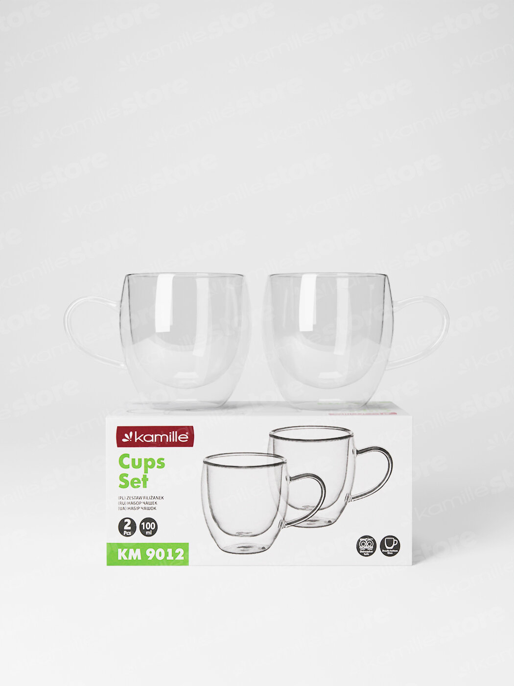 Набор стеклянных чашек 2 шт. 100 мл. Kamille KM 9012 с двойными стенками (100 мл. / прозрачный)