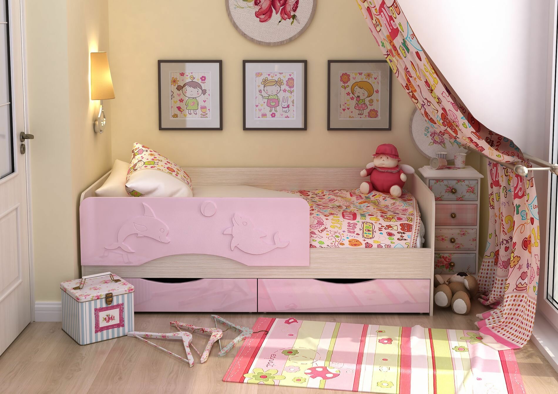 Кровать подростковая односпальная деревянная, кроватка детская алиса с настилом 0,8х1,6 м Белфорт/Розовый 1632х640х848