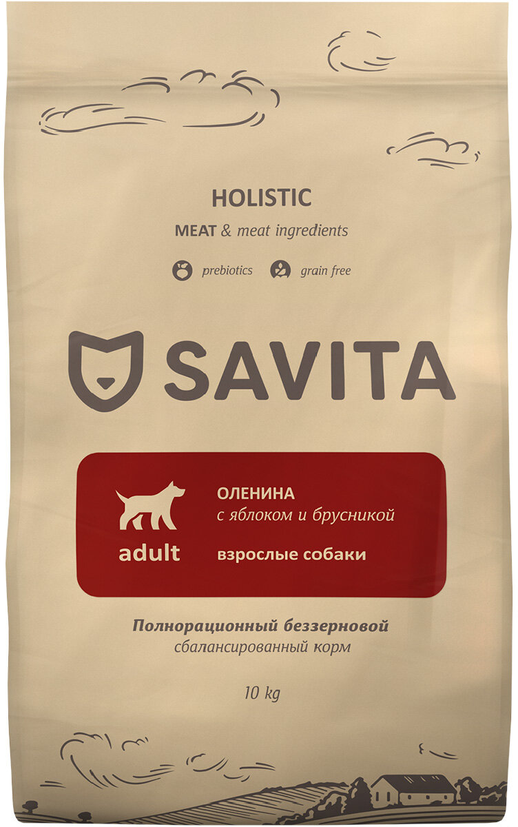 Savita сухой беззерновой корм для взрослых собак с олениной 10 кг