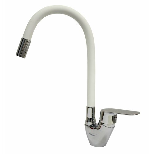 Смеситель NAVAQ однорукий д/кухни с гиб. изливом, хром/белый, латунь, бок. ручка