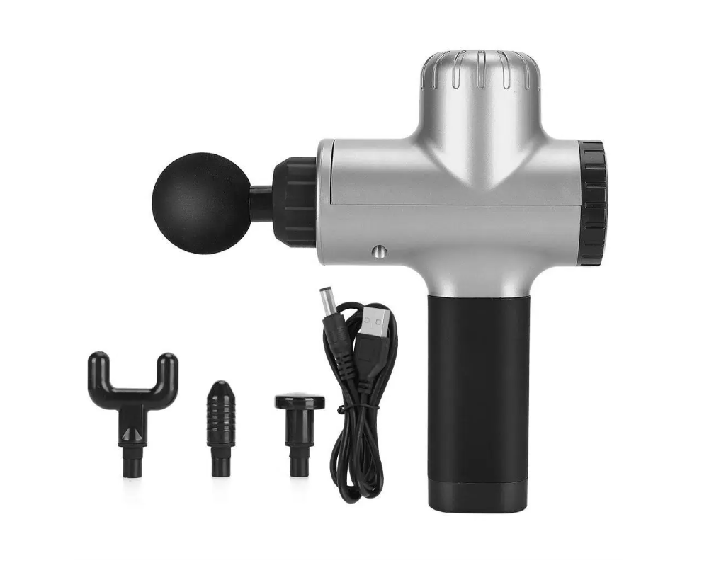 Перкусионный массажер для тела/ 4 насадки/ 6 скоростей/ серый