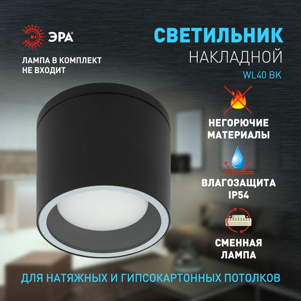 Светильник спот настенный накладной уличный фасадный ЭРА WL40 BK GX53, IP54