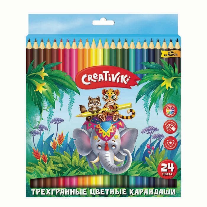 Набор цветных карандашей Creativiki 24 цвета, трехгранные, дерево