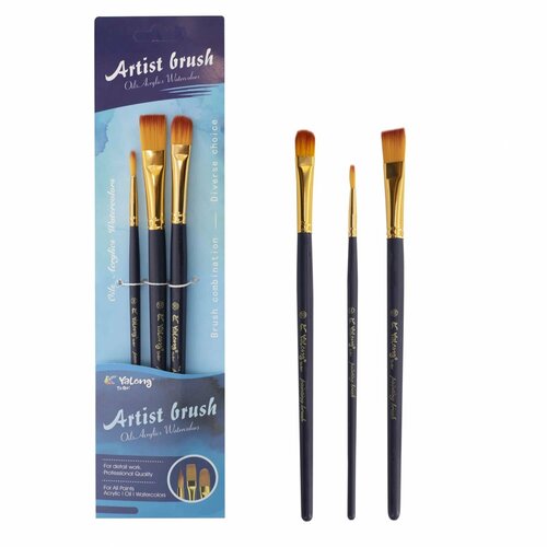 Набор кистей Yalong нейлон 3шт, круглая №2, плоская №10, №12, деревянная ручка, блистер, европодвес 98373