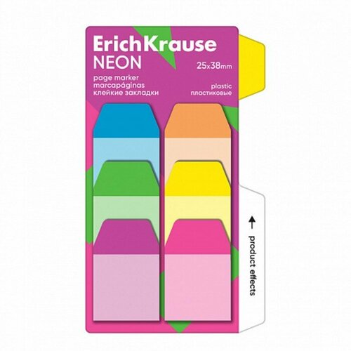 Закладки с клеевым краем пластиковые 25X38 мм, ErichKrause Neon, 60 листов 6 цветов