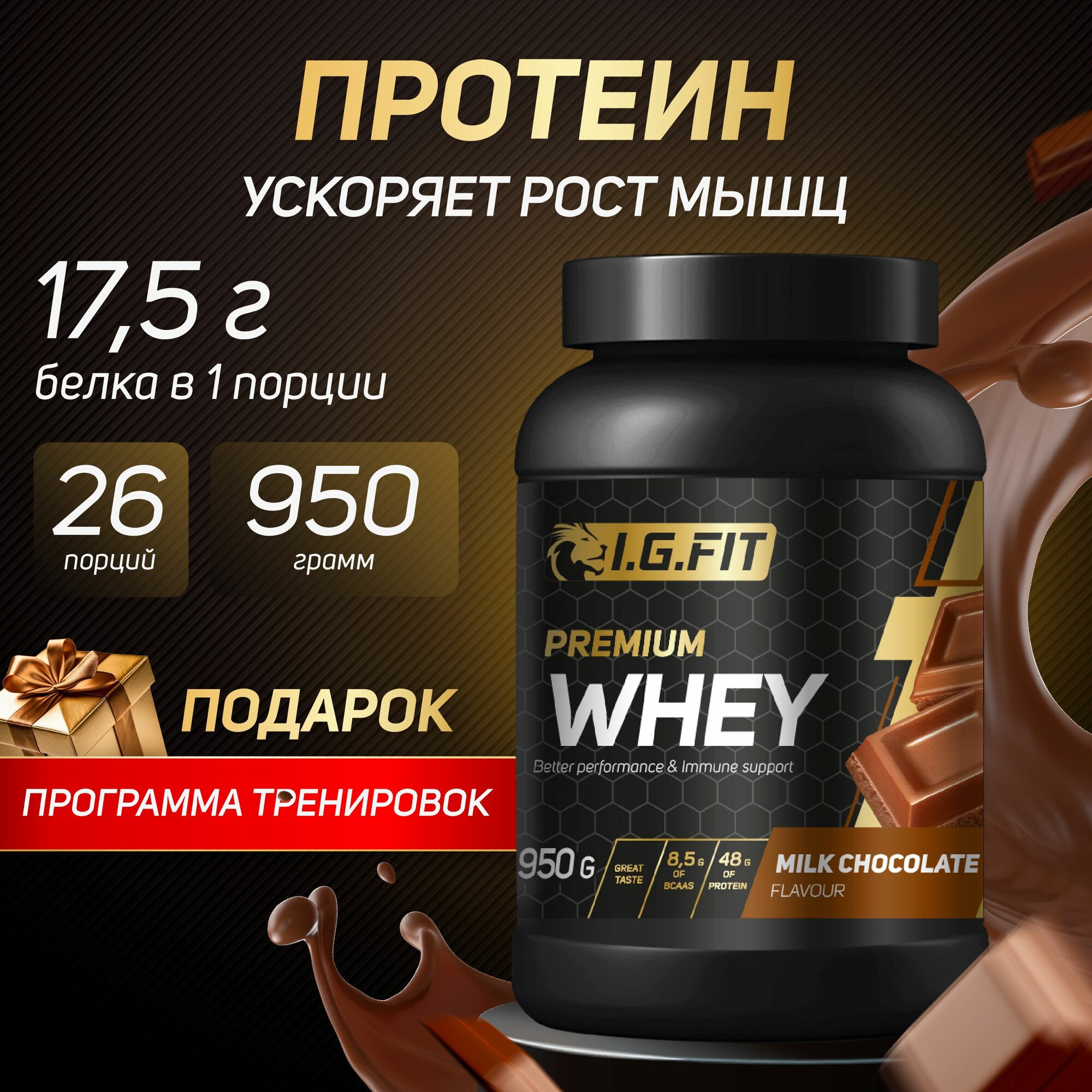 Протеин сывороточный WHEY I.G.FIT со вкусом молочный шоколад, 950 г / Спортивное питание для набора мышечной массы, для похудения для женщин, для спорта, с мерной ложкой