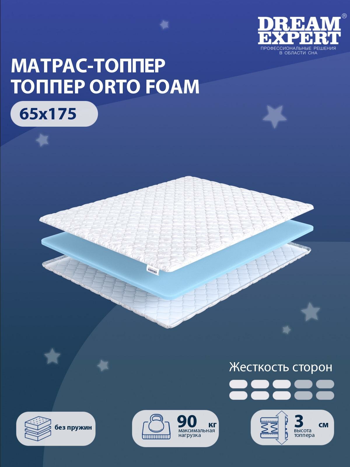 Матрас-топпер, Топпер-наматрасник DreamExpert Orto Foam на диван, тонкий матрас, на резинке, Беспружинный, хлопковый, на кровать 65x175
