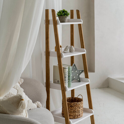 Изображение товара Стеллаж деревянный лесенка Сканди, стеллаж 4 полки цвет белый орех