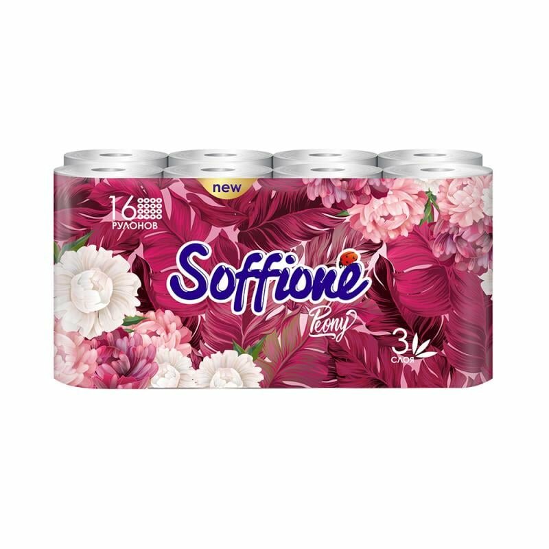 Туалетная бумага "Peony", Soffione, 3 слоя, 16 рулонов