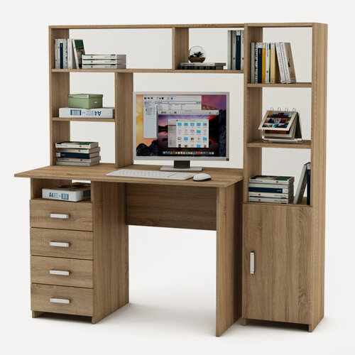 Изображение товара Стол письменный, компьютерный Лайт (Ньюкасл) 4 с надстройкой и стеллажом цвет: Дуб сонома
