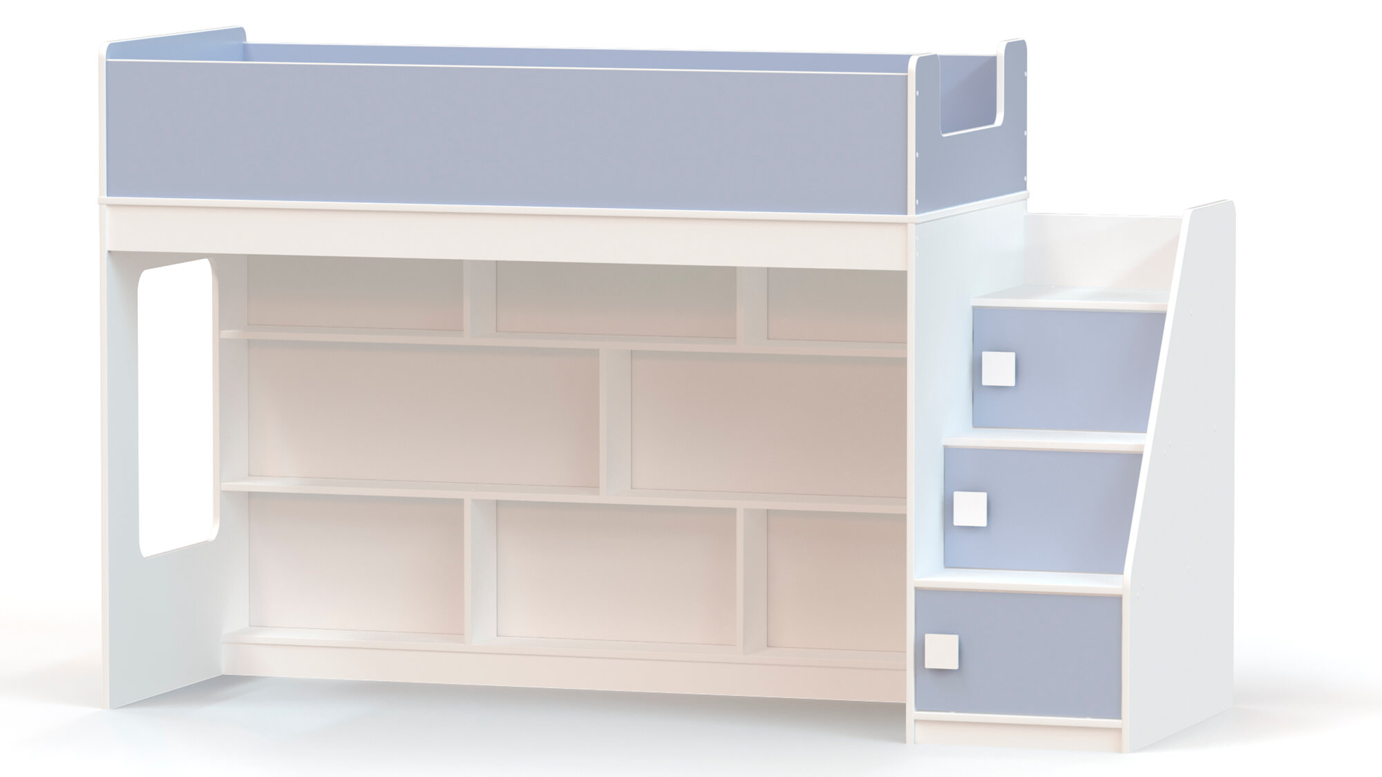 фото Кровать-чердак с игровой зоной и угловой лестницей Ridgimmi 3.3 белый / голубой