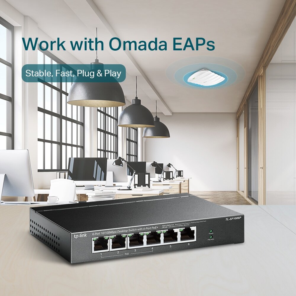 Коммутатор TP-Link TL-SF1006P — 6-портовый Fast Ethernet PoE+ Switch — фото 1