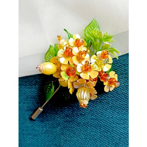 Брошь, голубой, желтый