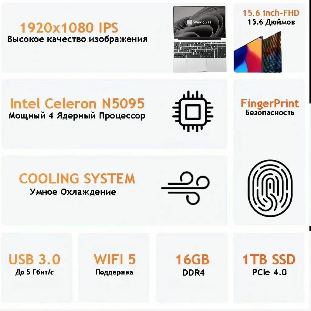 Ноутбук 15.6 для учебы и бизнеса, Intel Celeron N 5095 (2.0 ГГц), RAM 16 ГБ, SSD 1024 ГБ, Intel UHD Graphics, Windows Pro, Серый, Русская раскладка