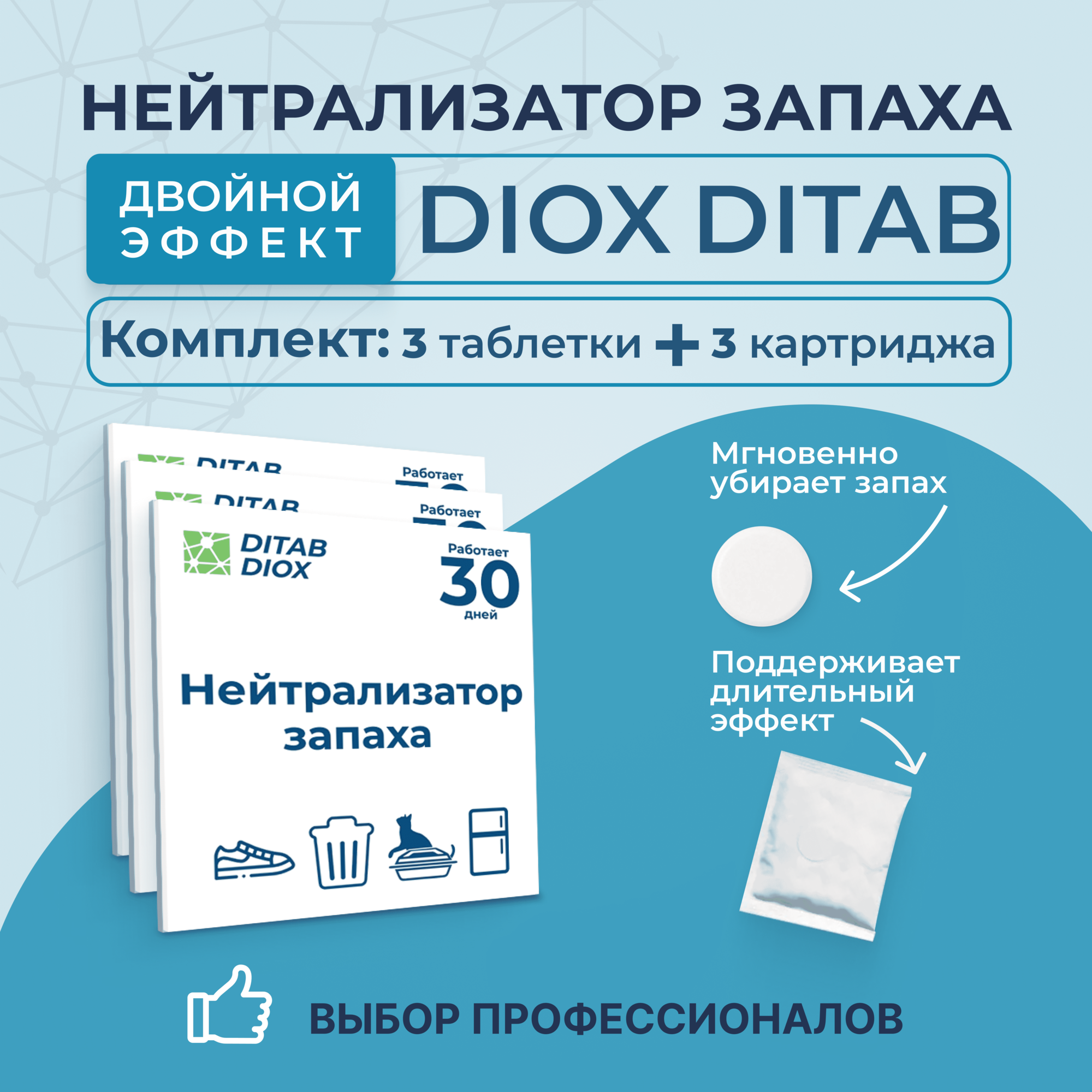 DITAB DIOX3 Комплект: дезинфицирующая таблетка и нейтрализатор запахов для одежды, зоны мусора, туалетов, шкафов, мочи животных, пота / 30г, блокатор, ликвидатор