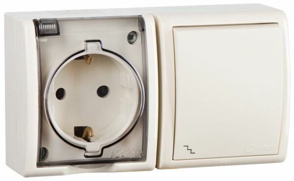 фото Блок розетка 2Р+E + выключатель проходной 1 клавишный накладной слоновая кость IP54 Simon 15 Aqua 1594516-031 Simon