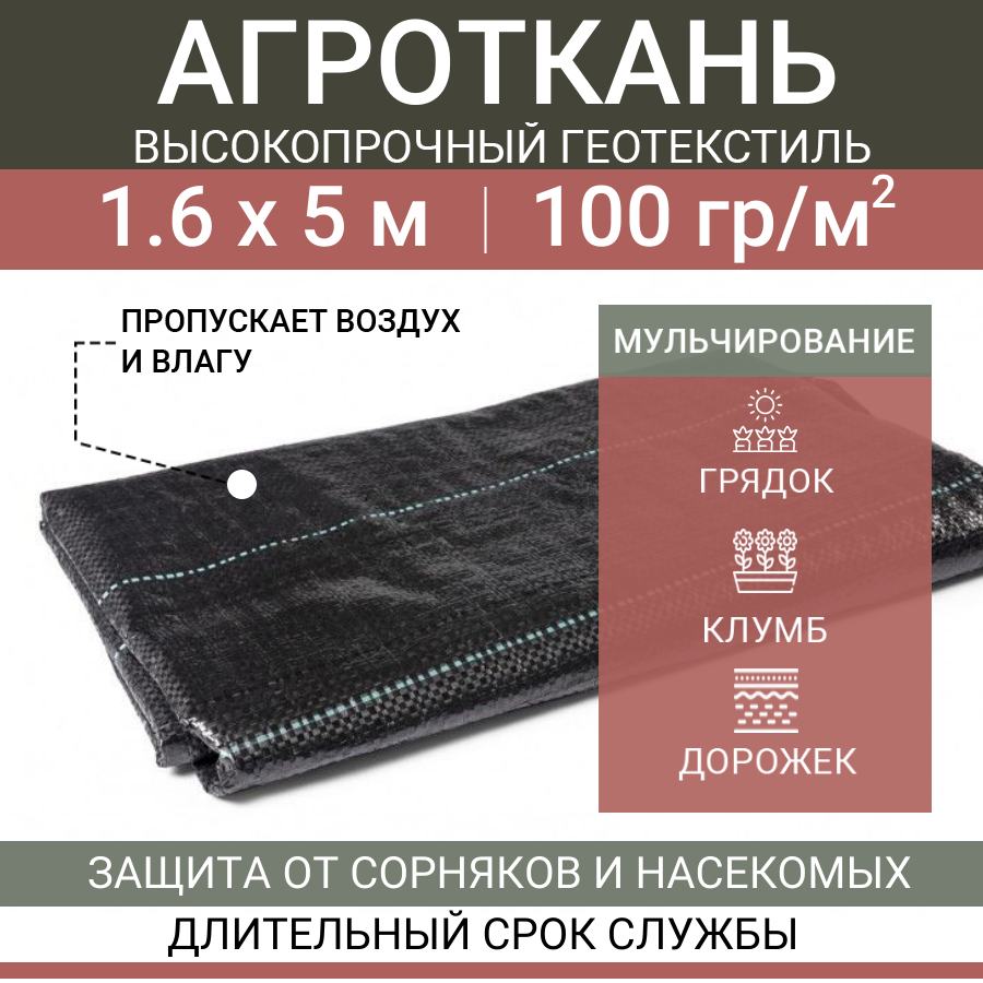 Агроткань от сорняков застилочная 1.6х5 м, агроволокно 100 г/м2 для мульчирования растений клубники садовой рассады, черный укрывной материал на зиму