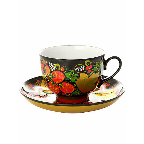 Керамическая чашка с блюдцем для чая Хохлома классическая 190800₽