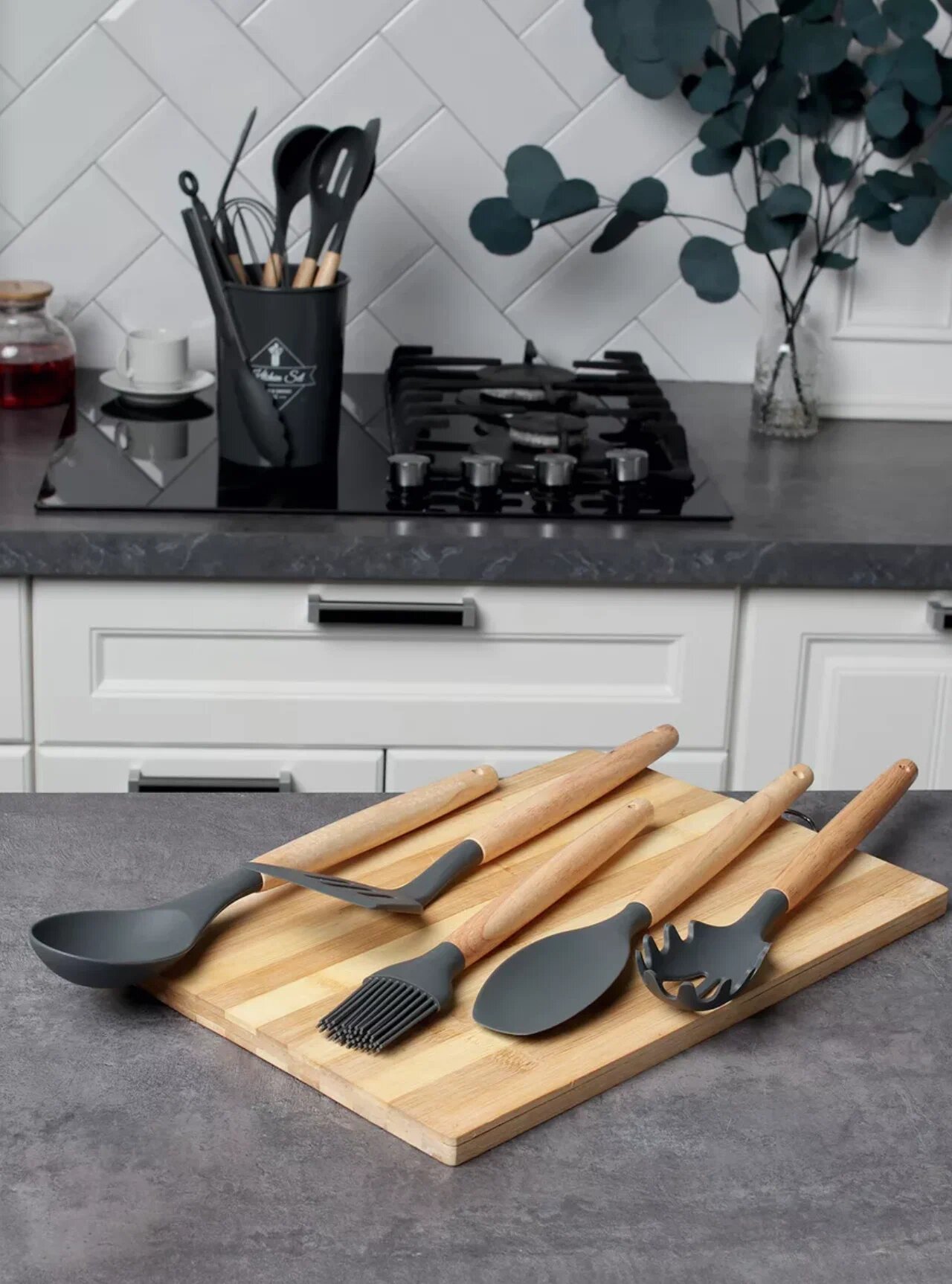 Набор навесок / кухонных принадлежностей Kitchen Set силикон (11 шт + подставка) серый — фото 1