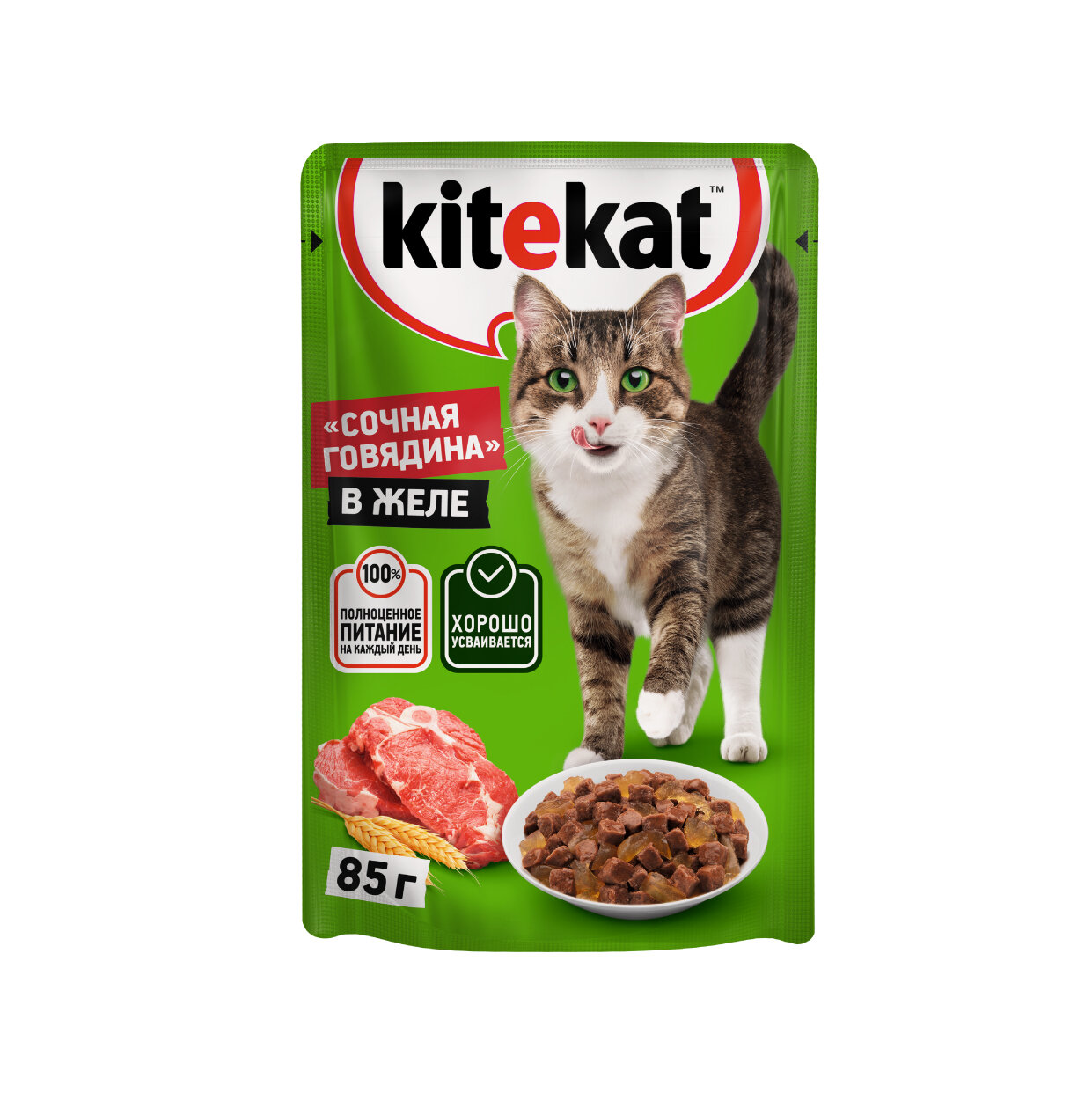 Влажный корм KITEKAT™ для взрослых кошек со вкусом говядины в желе «Сочная говядина», 85г