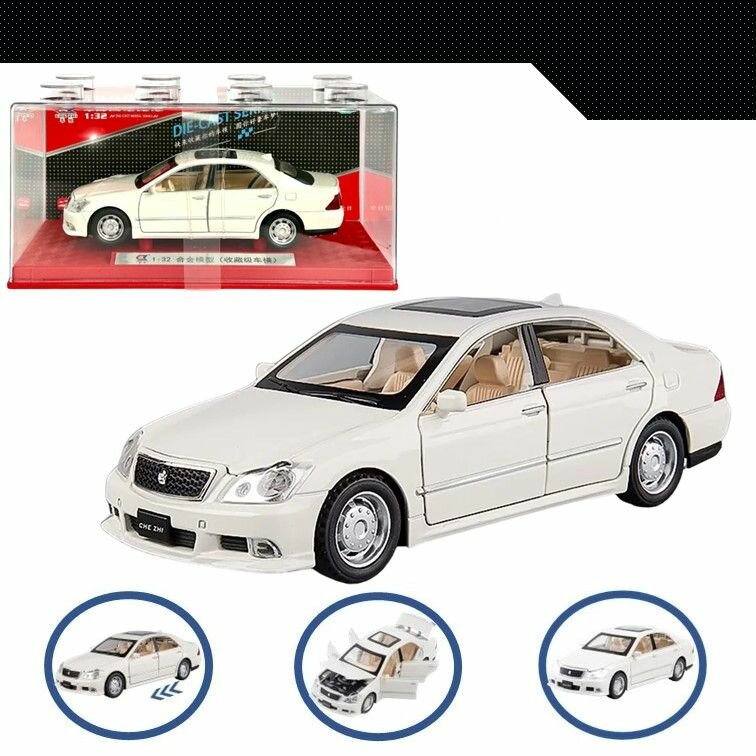 фото Машинка металлическая инерционная, игрушка детская для мальчика коллекционная масштабная модель 1:32 Toyota Crown ; Тойота Краун в боксе белый