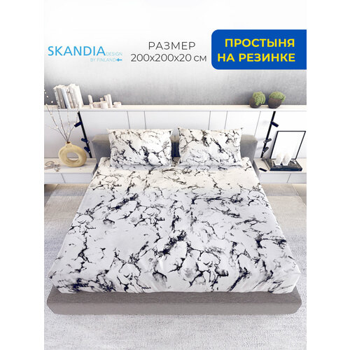 Простыня на резинке 200х200 SKANDIA design by Finland МикроСатин, простынь на резинке с бортом 20см r100 Белый мрамор