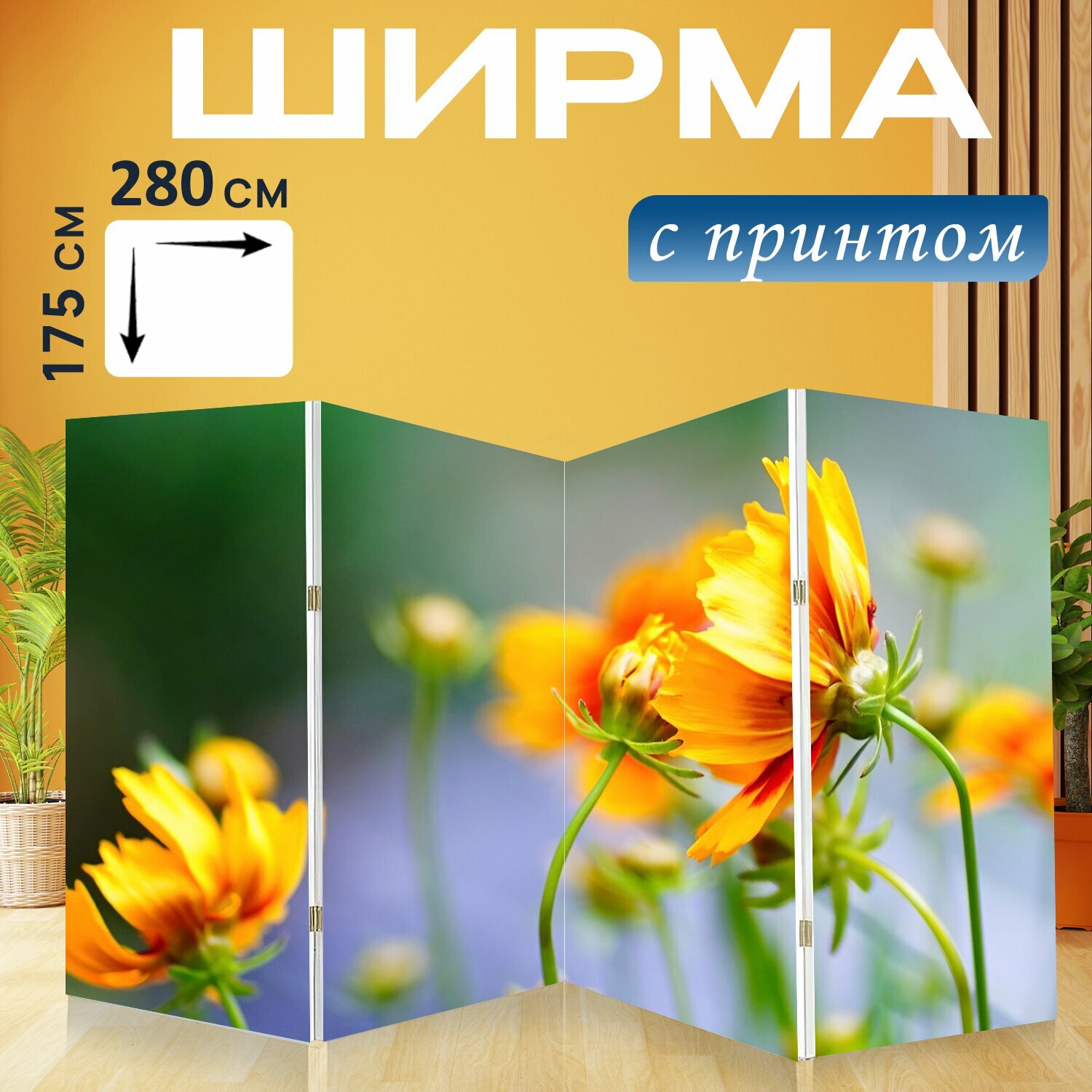 Ширма "Цветок, цвести, блум" перегородка для зонирования комнаты с принтом 280x175 см. на холсте