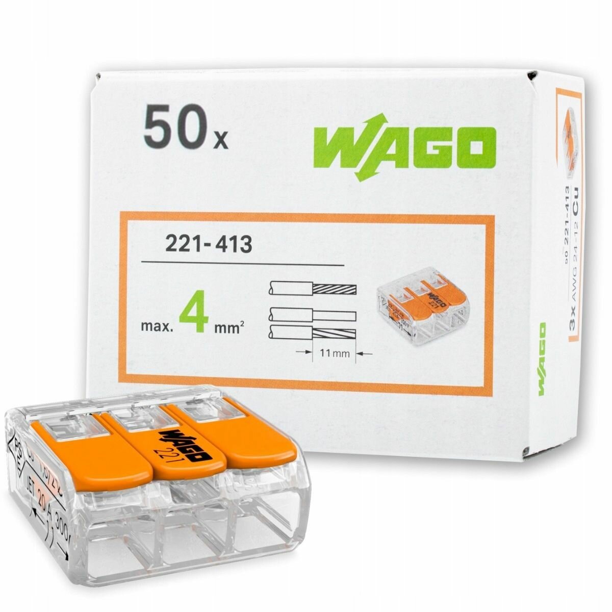 WAGO 221-413 Клеммник безвинтовой 3х(014-40) мм2 для медного провода 50 шт.