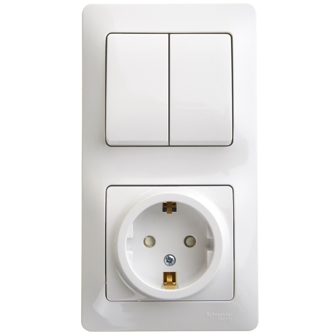 Выключатель Systeme Electric Glossa двухклавишный + розетка с заземлением и шторками. Белый