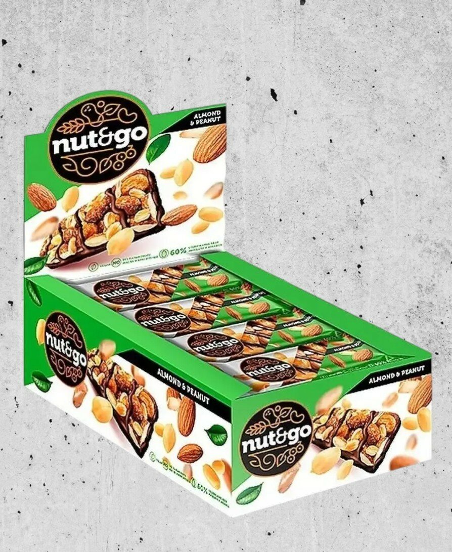 Nut and Go, батончик Almond and peanut, миндаль и арахис, 36 г (18 шт. в упаковке)