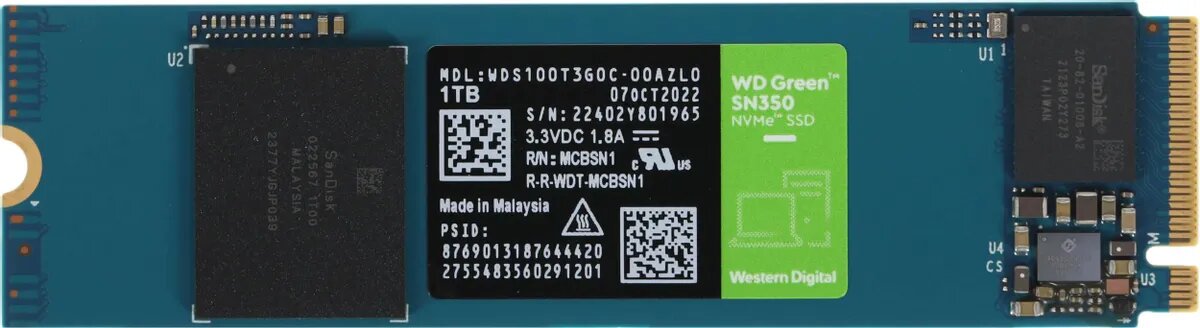 SSD накопитель WD Green SN350 WDS100T3G0C 1ТБ, M.2 2280, PCIe 3.0 x4, NVMe, M.2