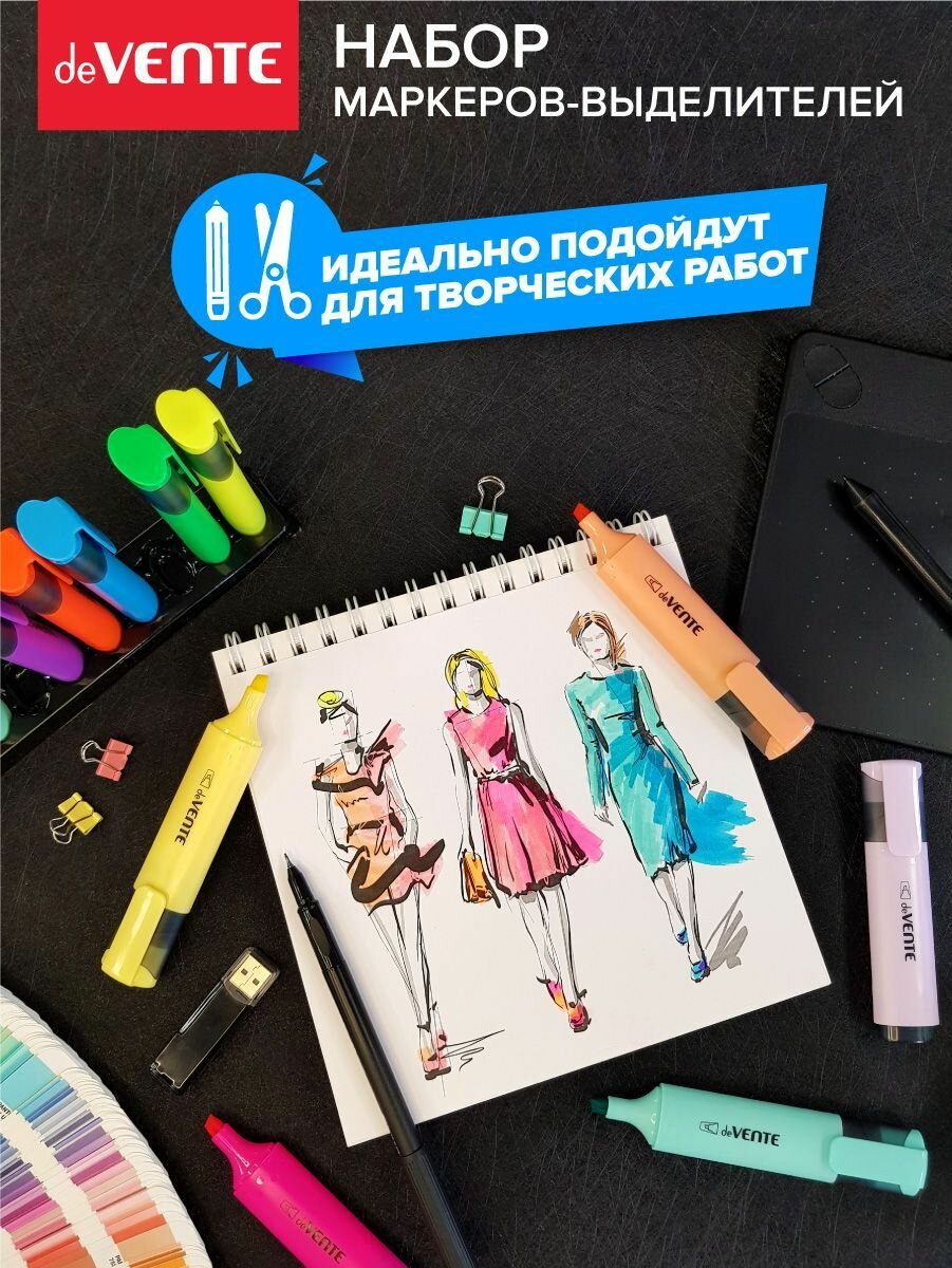Набор маркеров текстовыделителей, 12 цветов (6 неоновых, 6 пастельных). Плоский корпус, скошенный наконечник, ширина линии 1-5 мм, в пластиковой коробке — фото 1