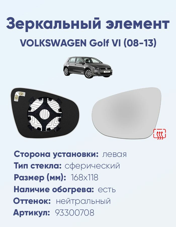 Зеркальный элемент левый VOLKSWAGEN Golf VI (08-13) сфера нейтральный с обогревом