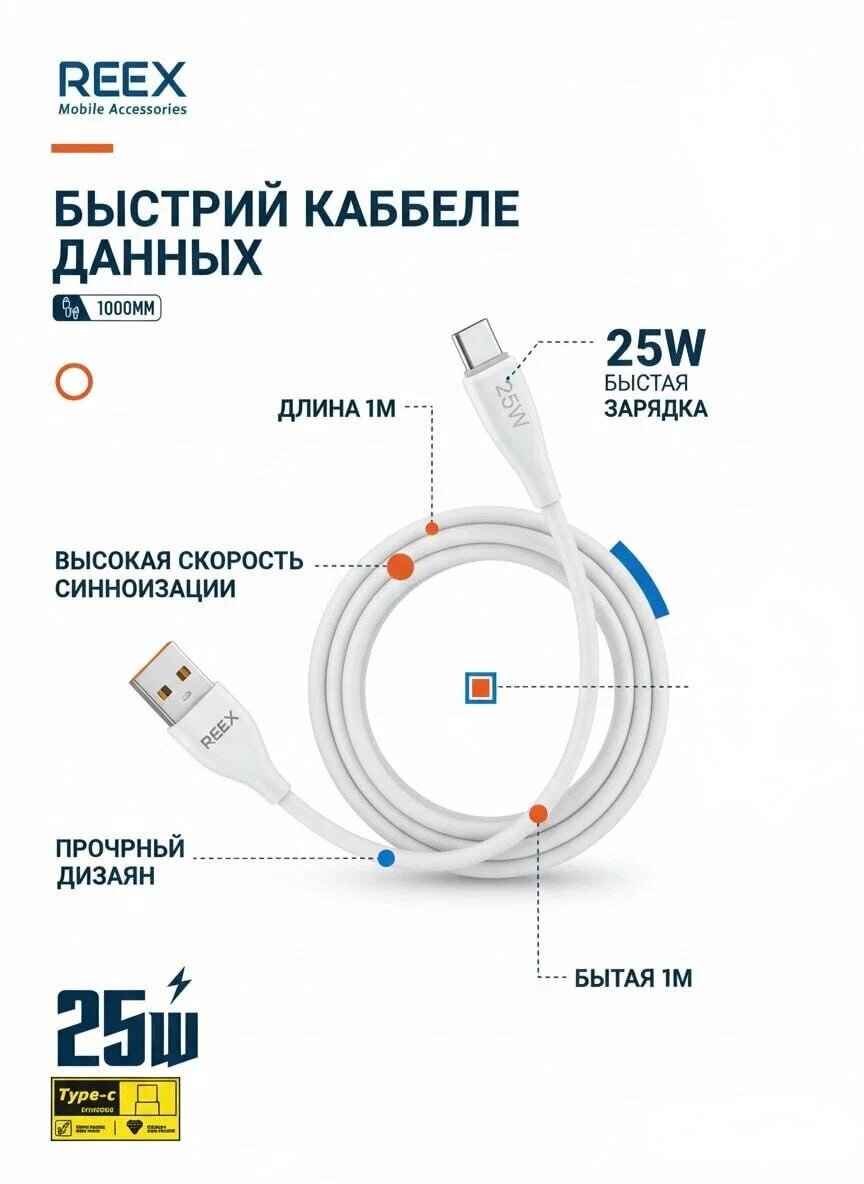 Кабель REEX RX-01T, Type-C, для быстрой зарядки, 25Вт, 1м, белый — фото 1