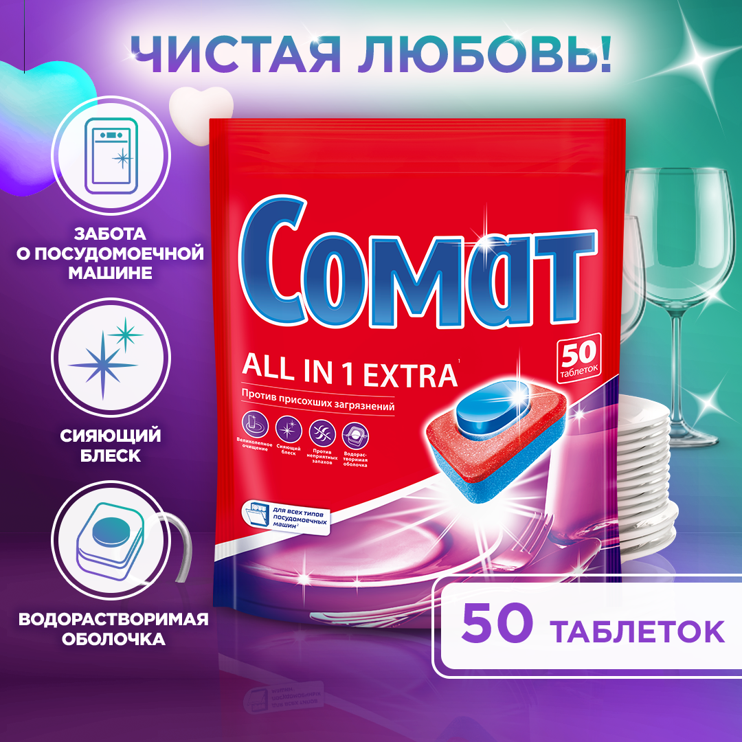 Сомат All in 1 Extra таблетки для посудомоечной машины, 50 шт