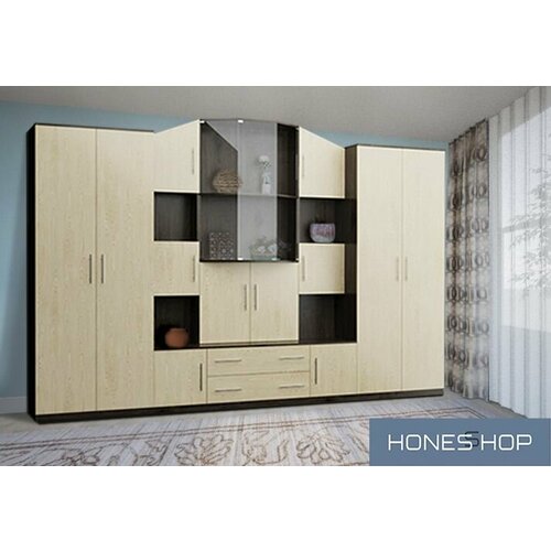 Стенка для гостиной Шилара ЛДСП корпус венге цава, фасад дуб молочный, 310х53х202