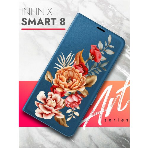 Чехол на Infinix Smart 8 (Инфиникс Смарт 8) синий книжка эко-кожа с функцией подставки и магнитами Book Case, Brozo (принт) Ржавый Пион чехол на infinix smart 8 инфиникс смарт 8 фиолетовый книжка эко кожа с функцией подставки и магнитами book case brozo принт котик спит