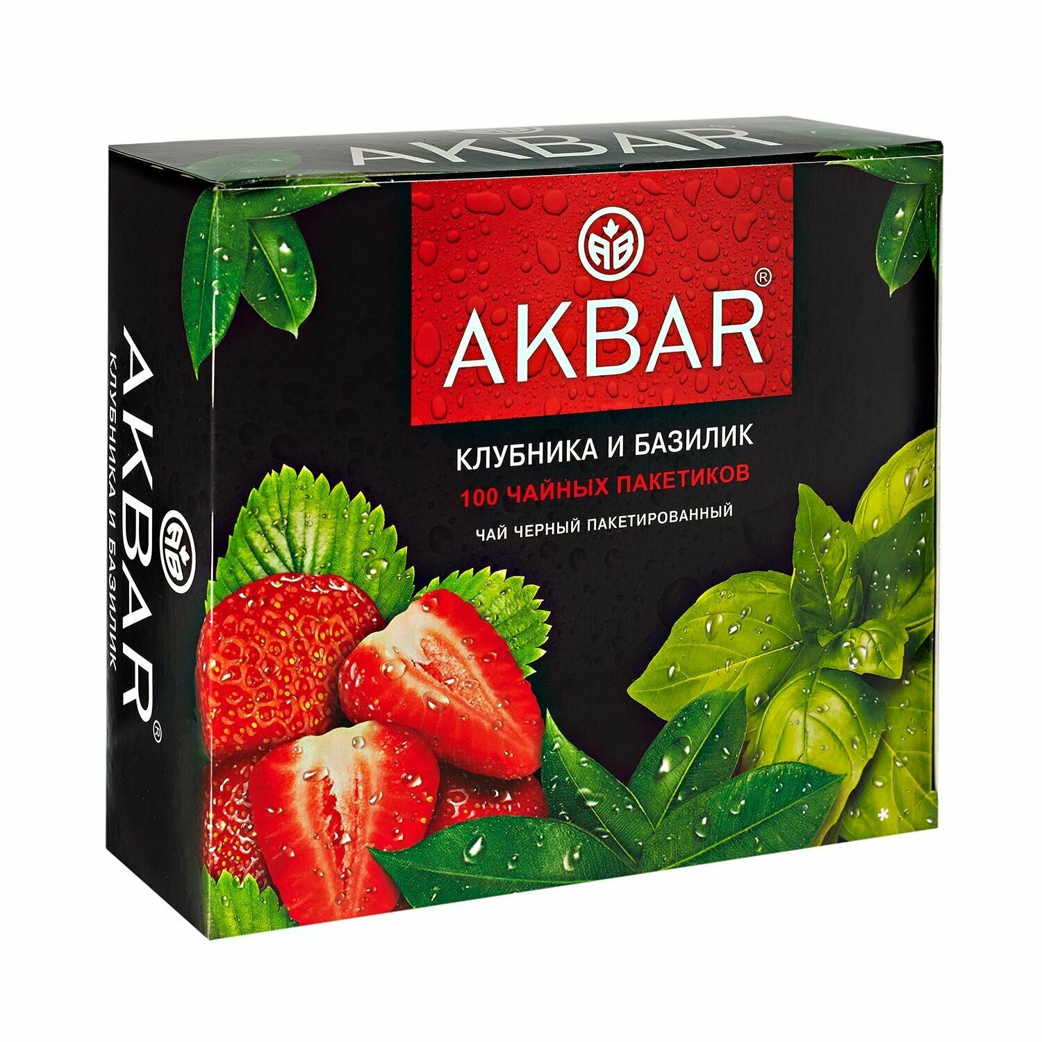 Чай в пакетиках Akbar "Клубника и базилик" с измельченными компонентами: листья базилика, листья клубники, 100 шт. — фото 1