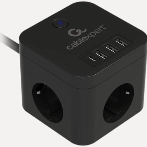 Изображение товара Сетевой фильтр Cablexpert Cube, 3 розетки, 1xType-C, 3xUSB, 1.5м, черный, коробка