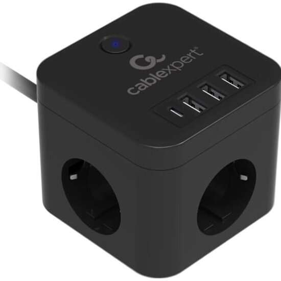 Сетевой фильтр Cablexpert Cube, 3 розетки, 1xType-C, 3xUSB, 1.5м, черный, коробка