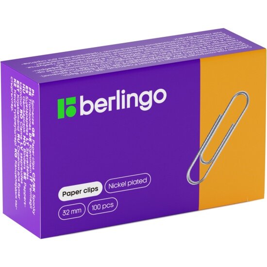 Скрепки Berlingo 32 мм никелированные, 100 шт/уп, карт. упак.